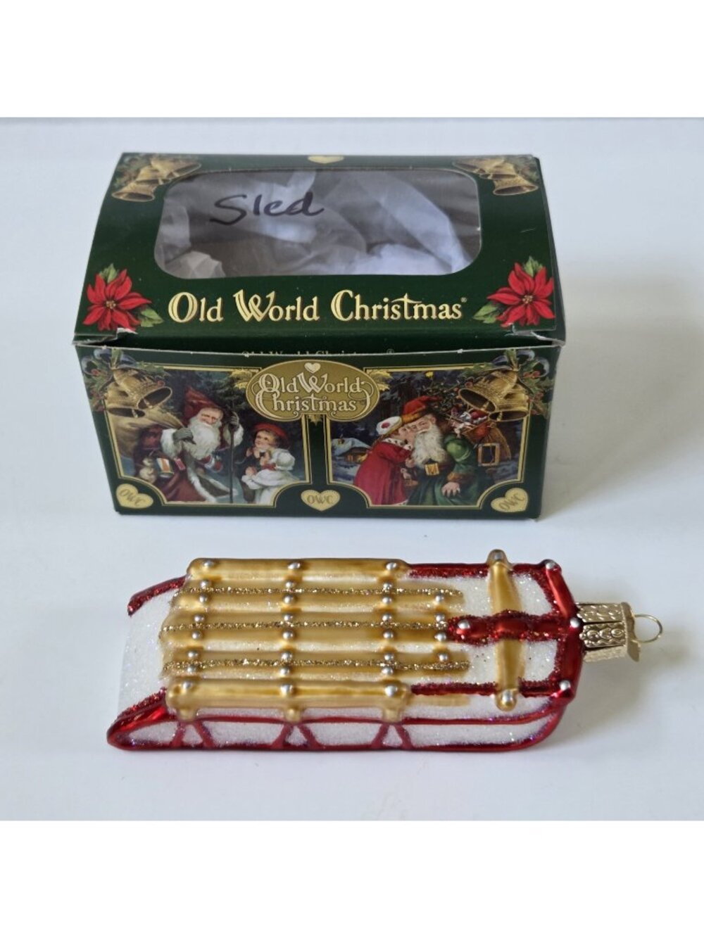 Old World Christmas Red Gold Sled Glass Blown Tree Ornament Decor Gift with Box